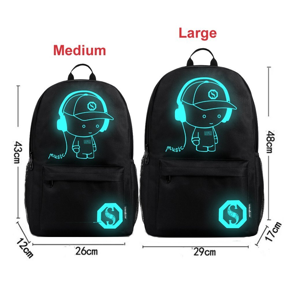 DOLIROX Luminous Schoolbag Anime School Backpack Shoulder Daypack Laptop Bag with USB Charging Port/Cable/Pencil Case and Password Lock for Travel Hiking (Large, Black A)
