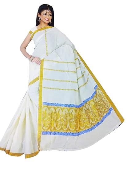 Womens Designer Cotton Kerala Traditional Saree with Golden Border