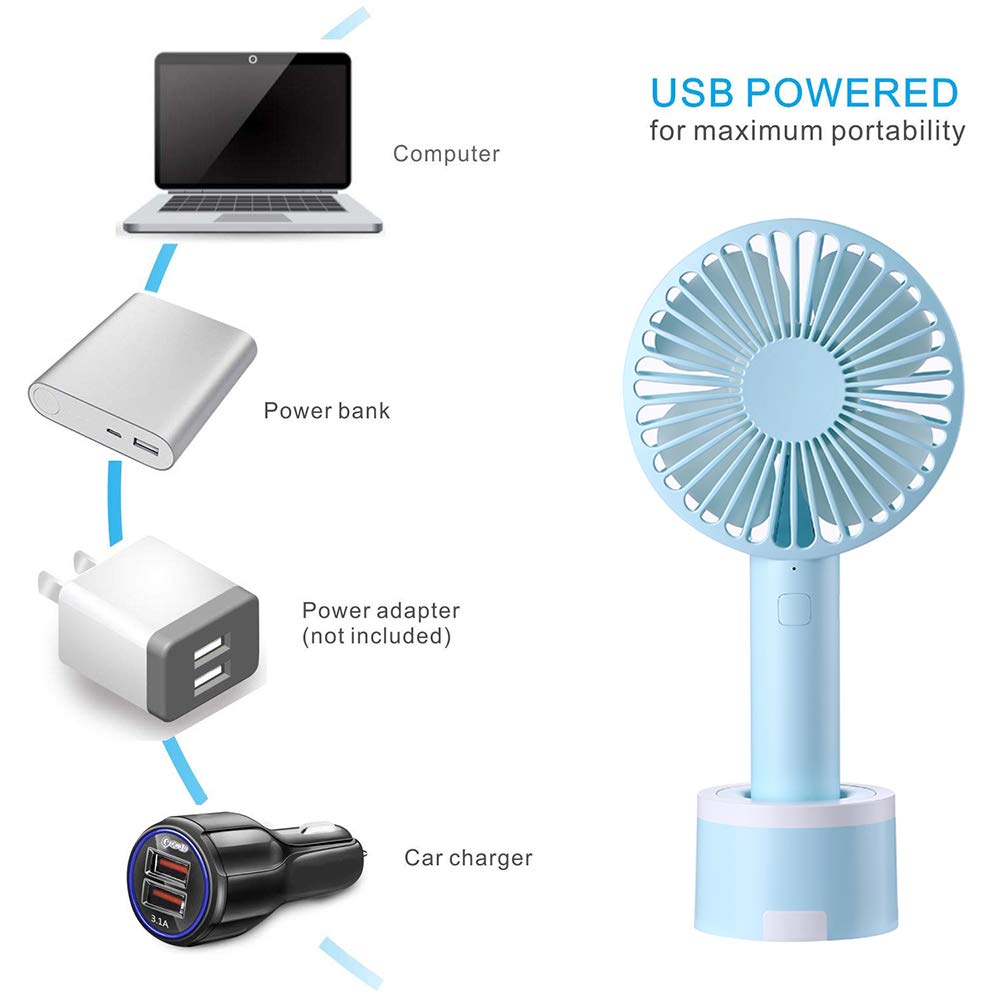 Mini Desk Fan Handheld Fan, Whisper Quiet Portable Personal USB Little Fan with Phone Holder, 2000mA Rechargeable Operated Battery, 3 Speeds Small Fan for Home, Office, Outdoor or Travel(Blue07)