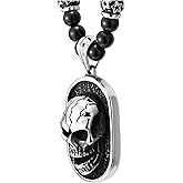 COOLSTEELANDBEYOND Gothic Style Skull Pendant Necklace for Men Black Onyx Beads Chain Stainless Steel Blackened Dog Tag