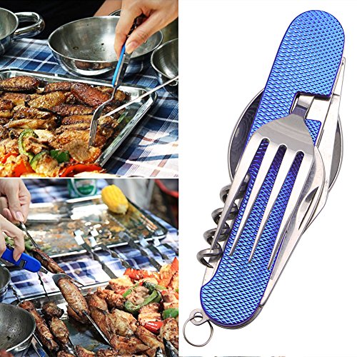 ULKEME 3 in 1 Folding Stainless Steel Spoon Fork Knife Tableware Multi Tool for Camping Blue - Thumbnail 7