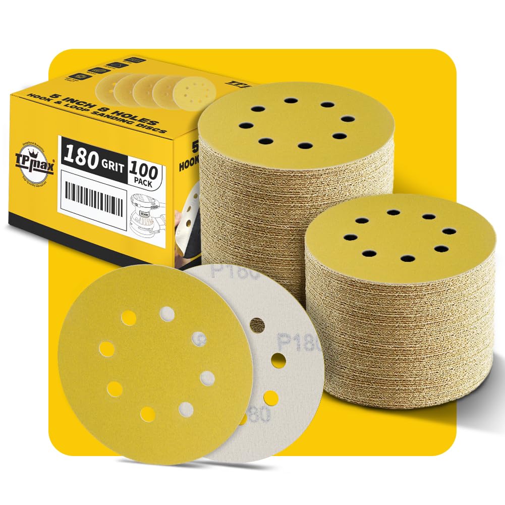 100PCS 125mm 8 Hole Sanding Discs Sandpaper, 180 Grit, Premium Gold Round Hook and Loop for Random Orbital Sander - Ideal for Wood, Metal, Automotive