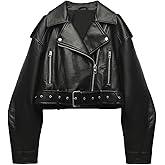 LY VAREY LIN Women Faux Leather Cropped Jacket Lapel Zipper Biker Short Coat with Belt