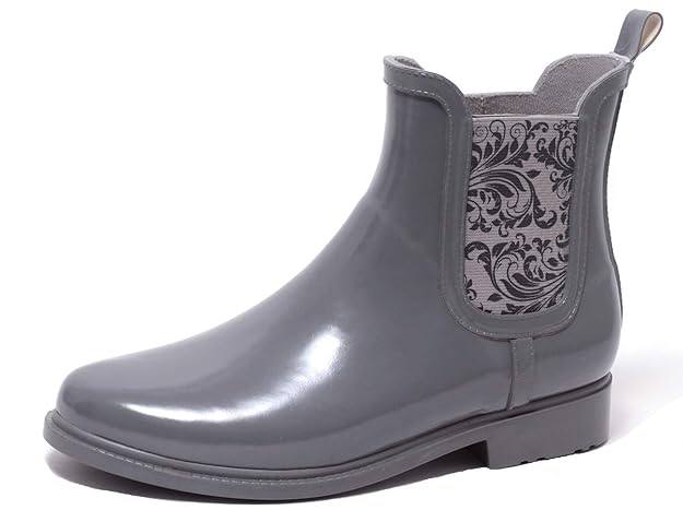 Zapato Chelsea Damen Regenstiefelette Gummistiefelette Ankle Rain Boot GRAU Elastik Blumen Ranke Gr. 38-41