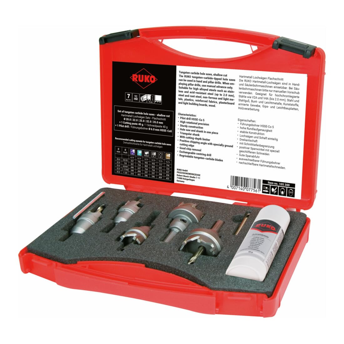 Ruko Tungsten Carbide Hole Saw Set, Shallow Cut in Plastic Case, Bright Finish, 7 Pieces, R105300