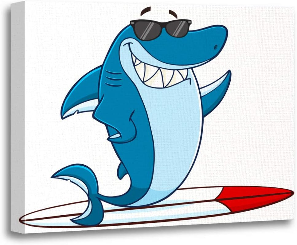 Tinmun Painting Canvas Artwork Wooden Frame Smiling Blue Shark Cartoon Mascot Character Sunglasses Surfing 12x16 inches Decorative Home Wall Art