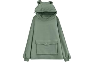 Bilqis Womens Frog Hoodie Zipper Mouth Cute Sweatshirts Casual Kawaii Clothes Oversized Pullover With Large Front Pocket