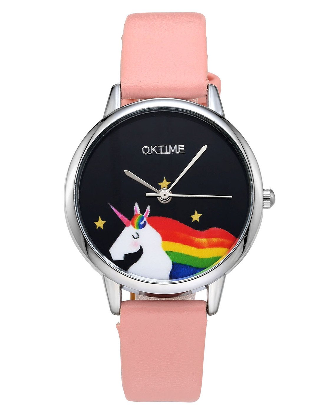 JSDDE Uhren, Cute Farbe Damen Armbanduhr Cartoon Einhorn Design Kleid Uhren Wasserdicht PU Lederband Silber Quarz Uhr,Rosa
