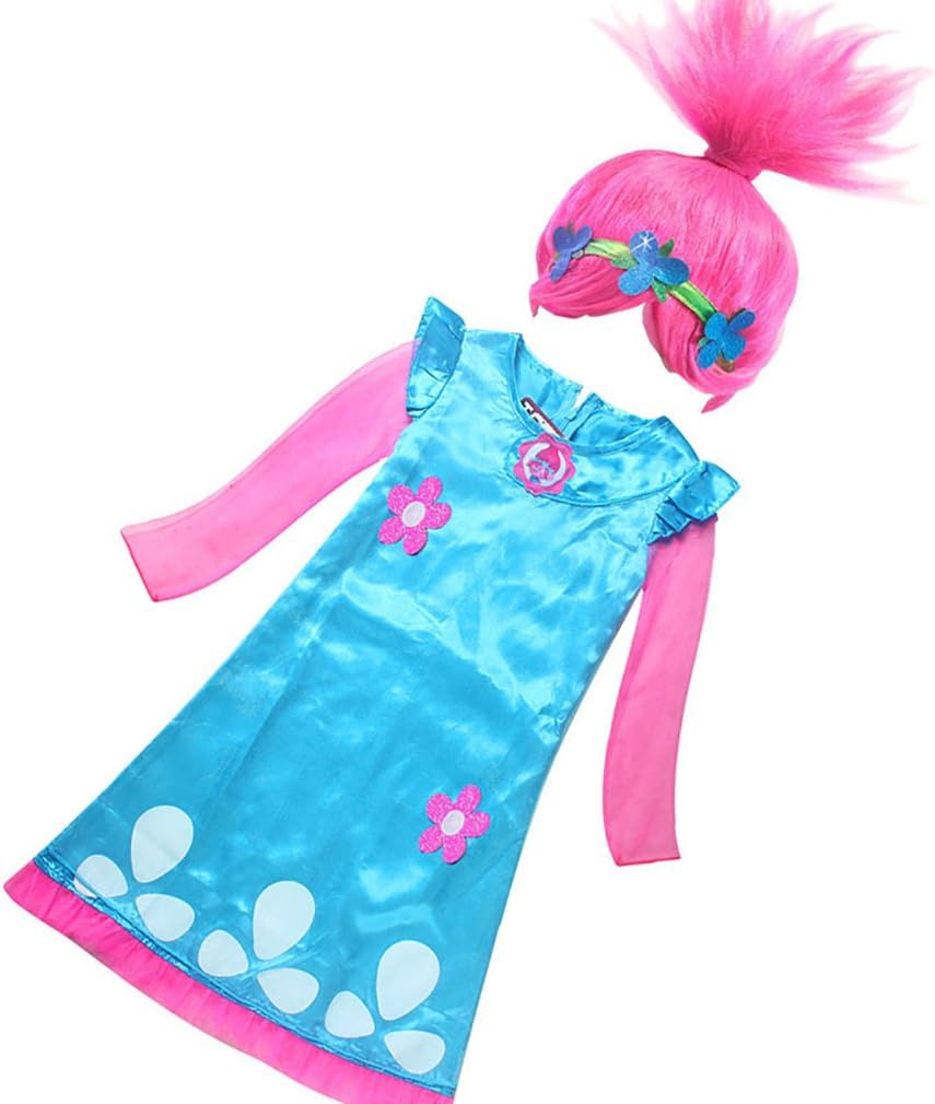 Seeby Trolls Poppy Cosplay Costumes Dress for Girls Halloween Fancy Dress with Wig