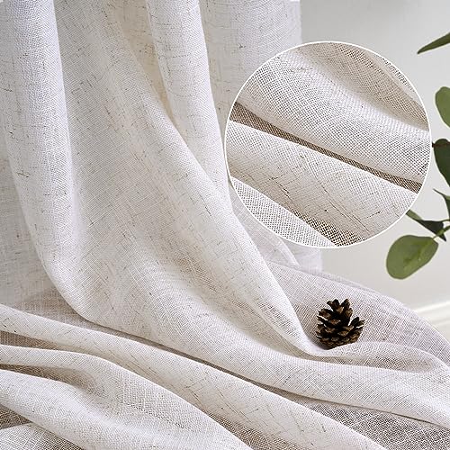 Woaboy Linen Curtains with Frunction Tape Curtains Bedroom Window Translucent Modern Curtains for Living Room Bedroom 2 Pieces 140 x 260 cm White Bleached
