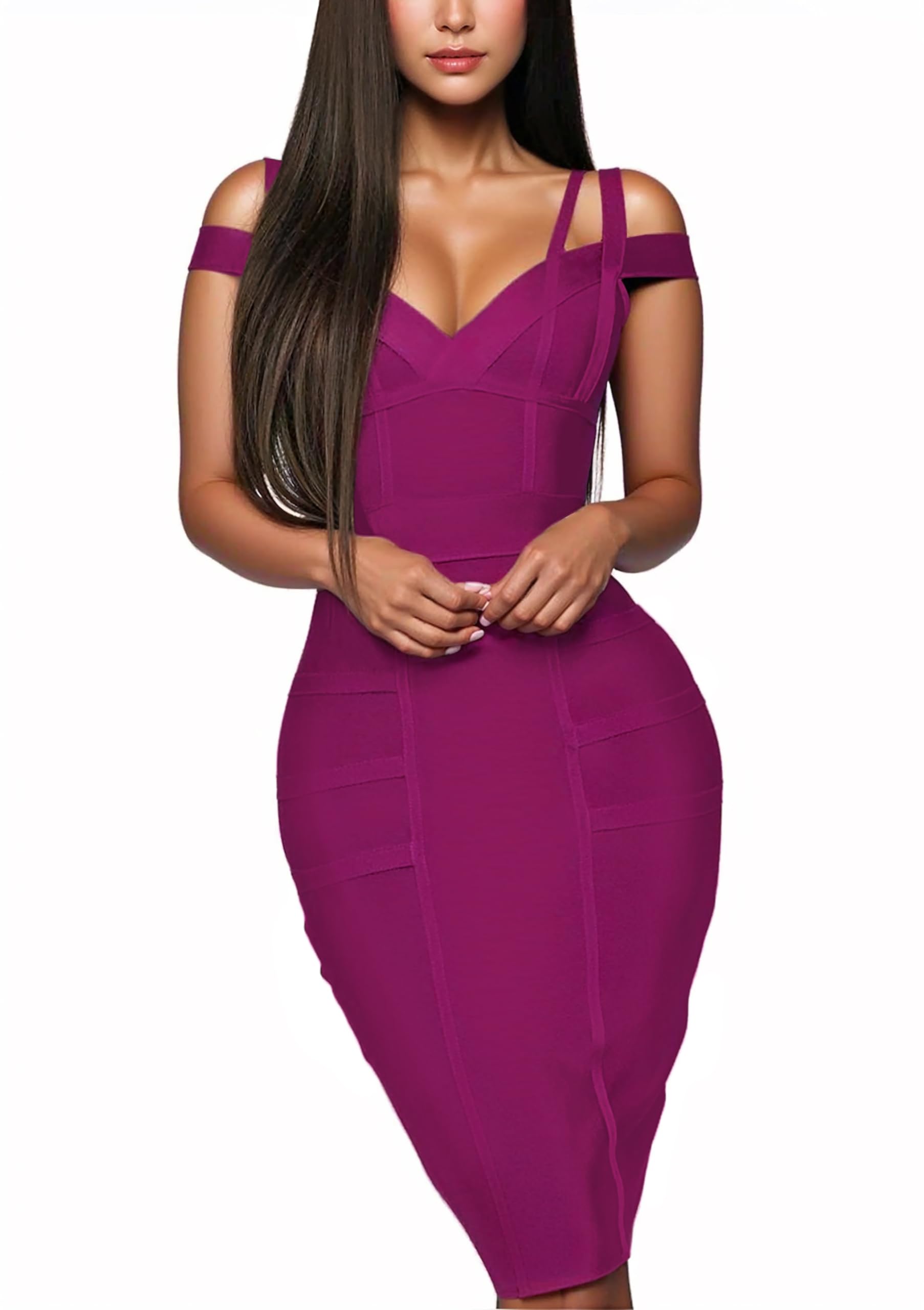 View 1 of & Company Womens Elegance V Neck Stretch Chic Bandage Dress DRBD132 Magenta M