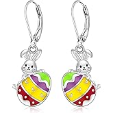 Bunny Earrings Easter Earrings for Women Sterling Silver Rabbit Earring Drop Colorful Egg Earring Leverback Easter Jewelry Charms Bunny Gifts