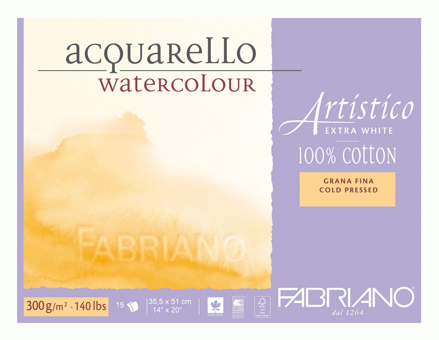 Honsell 313551 Fabriano Artistico Acquarello Watercolour, High-Quality Artistic, Watercolour Cardboard, Extra White, Fine Grain, Cold Pressed, Approx. 35.5 x 51 cm, 15 Sheets, 300 g/m²