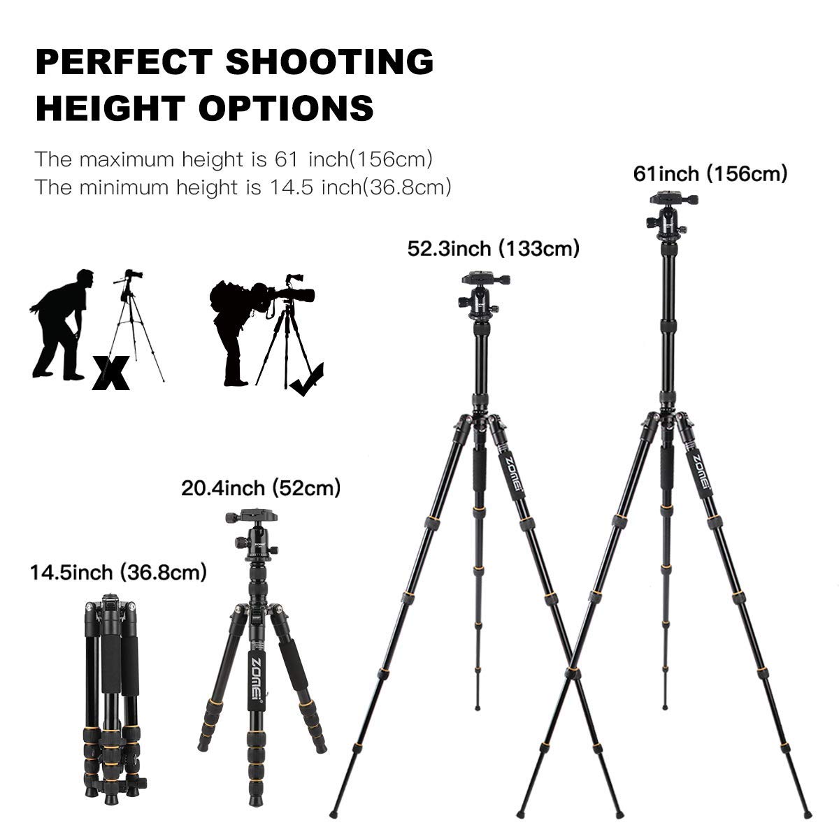ZOMEi Q666 Tripod Magnesium Aluminum Alloy Light Weight Portable Camera Tripod 14.5inch Travel Folding Size with Ball Head and Carrying Case for Canon Nikon Sony Cameras