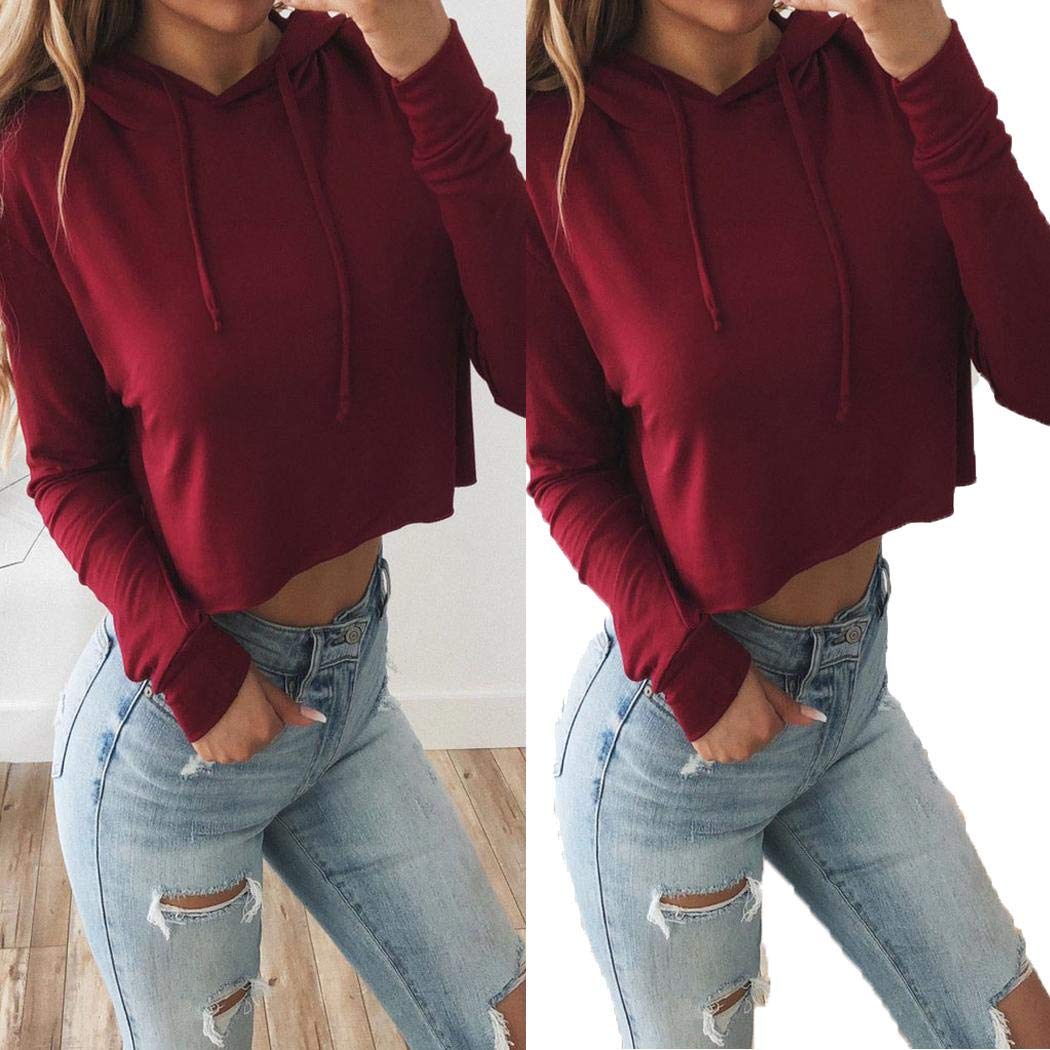 XioNiu Women Fashion Casual Solid Long Sleeve Cropped Hooded Sweatshirt Tops Pullovers Wine Red