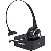 Angteela Trucker Bluetooth Headset with Microphone, Wireless Cell Phone Headset with Noise Canceling Mic Charging Base Mute Function for Home Office Call Center Skype (Black&Silver)