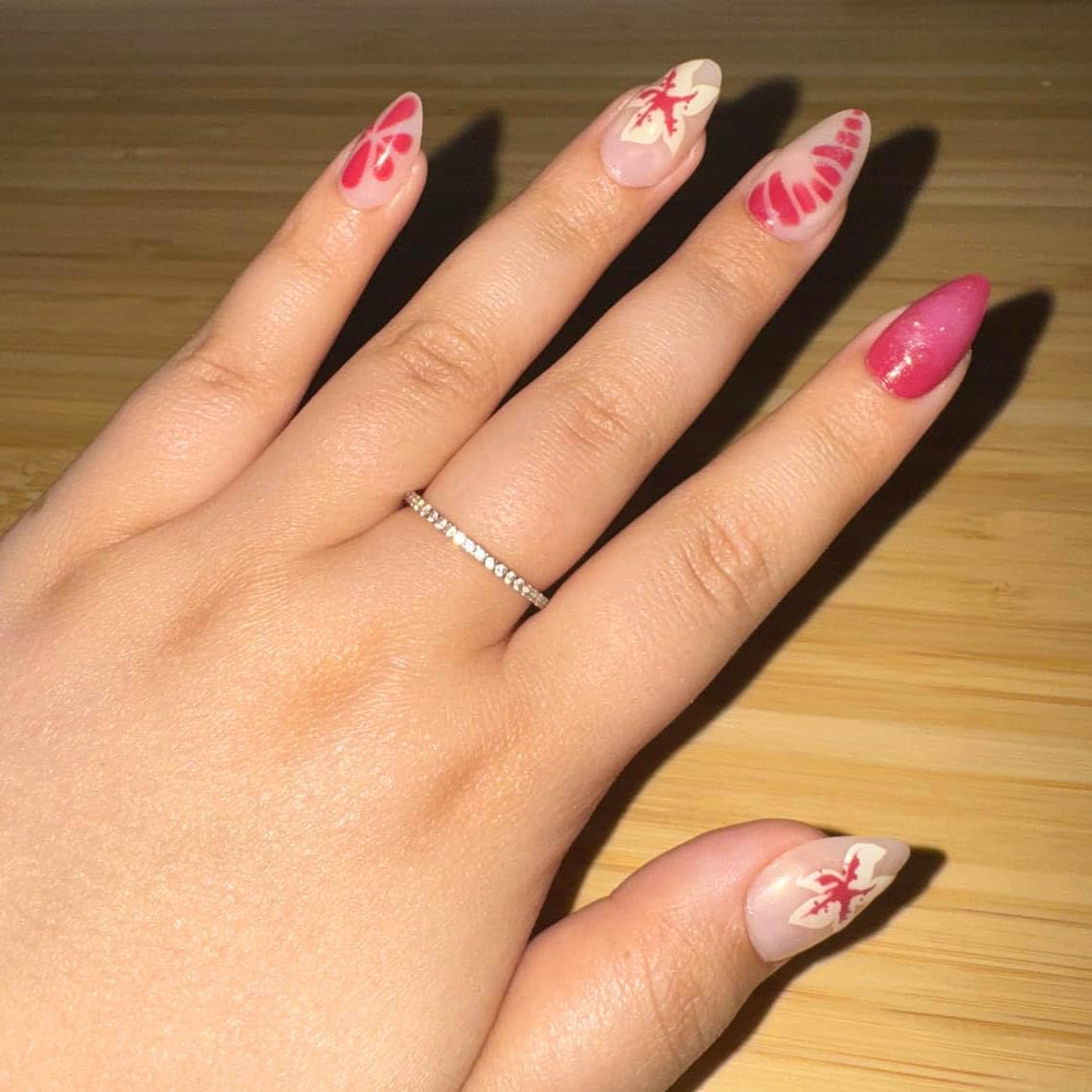 QQPPOLIU Medium Press on Nails Almond,3D Glue on Fake Nails, Cute Acrylic Nails Kit,Full Cover False Nails with Flower Pattern Designs,for Birthday/Party/Holiday/Christmas/Valentine'S Day