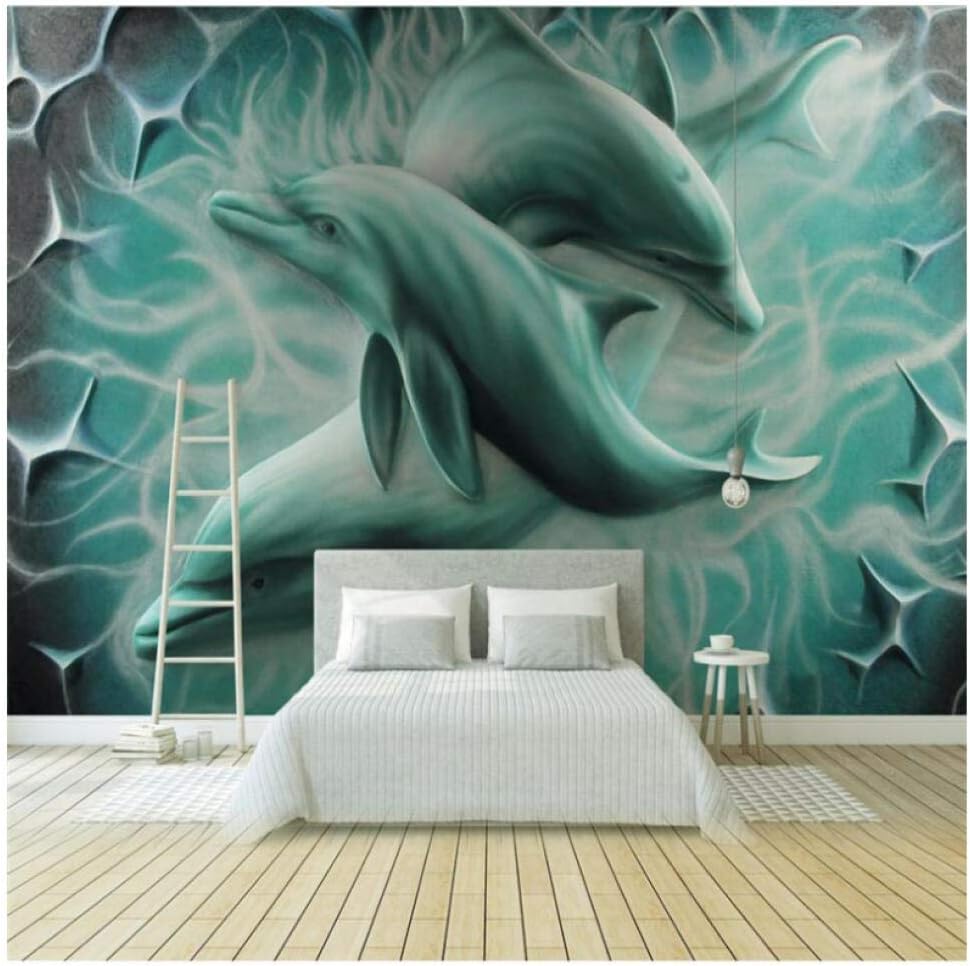 Amazon Co Jp Wkxzz 壁の背景装飾画 3dエンボスイルカテレビソファ背景壁画カスタム大壁画グリーン壁紙 400x280cm ホーム キッチン