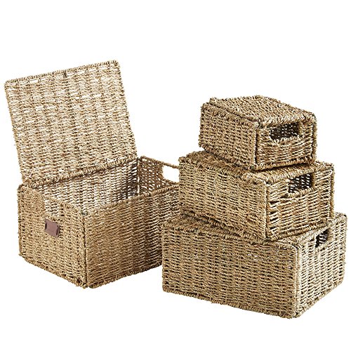 VonHaus Set of 4 Seagrass Storage Baskets with Lids and Insert Handles