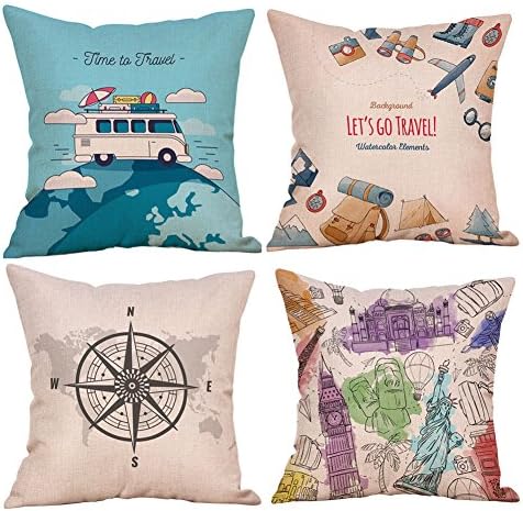 Aremazing Inspirational Quote Cute Travel Saying Throw Pillow Covers Cotton Linen Home Decor Pillowcase Cushion Cover 18 x 18 Inches Set of 4 Summer Holiday Beach (Set of 4 Travel Theme 1)