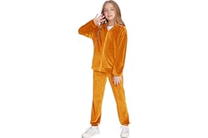 Hopeac Girls Casual Basic Velour Zip Up Hoodie Sweatsuit Tracksuit Set Jogger Clothes Outfits
