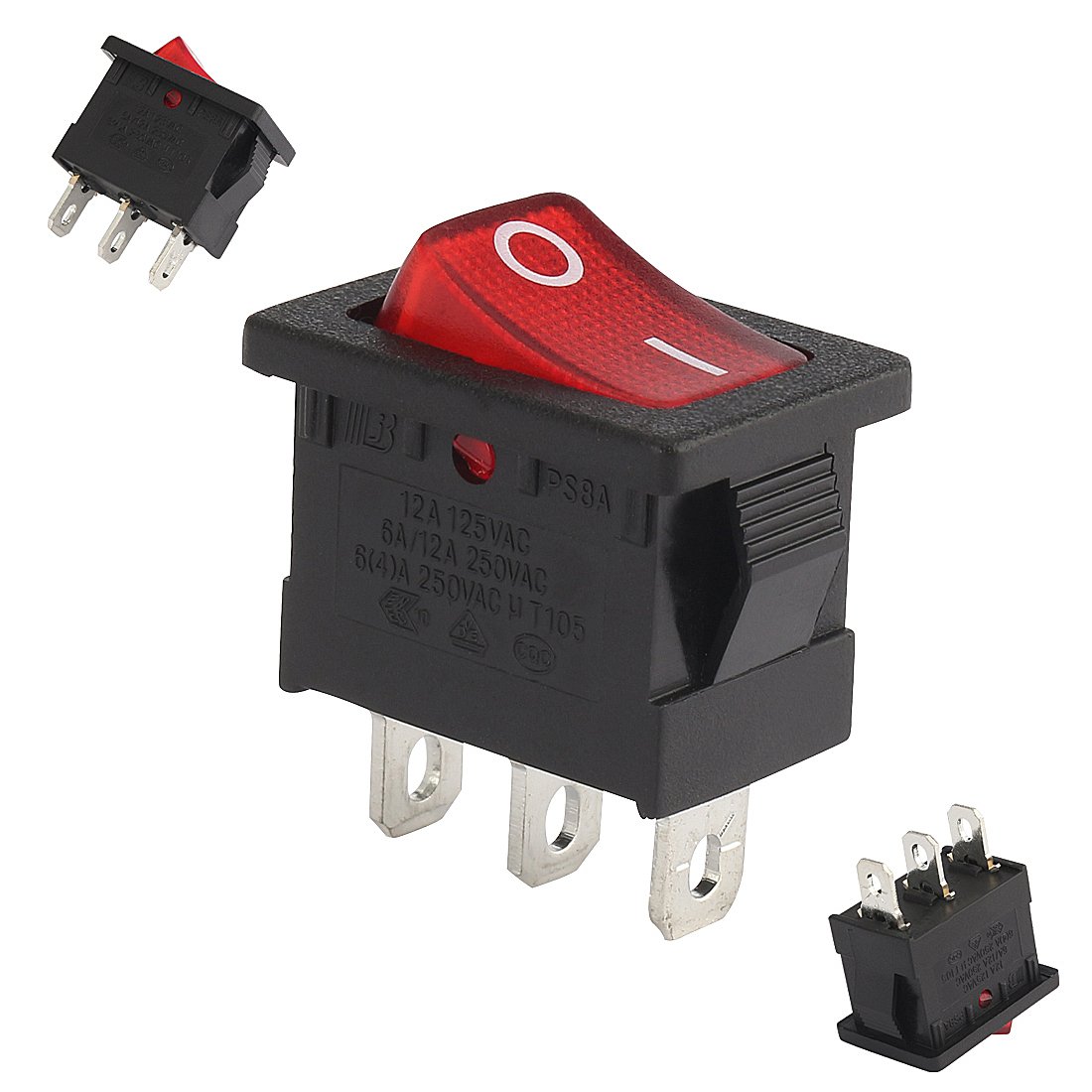 Sourcingmap 5Pcs SPST 3P 2 Position I/O Red LED Light Boat On Off Toggle Rocker Switch On Off AC 12A/125V,6A/12A 250V