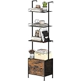 Shinoske Ladder Bookshelf,5 Tier Book Shelf with Storage Cabinet,Wall Mounted Industrial Bookcase for Small Space,Metal Frame,Tall Display Shelf for Living Room,Corner,Bedroom,Office,Brown