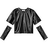 Perfashion Girls Metallic Shirts with Arm Sleeves, Shiny Crop Top for Dancing, Raves, Festivals, Costumes 4-15 Years