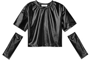 Perfashion Girls Metallic Shirts with Arm Sleeves, Shiny Crop Top for Dancing, Raves, Festivals, Costumes 4-15 Years