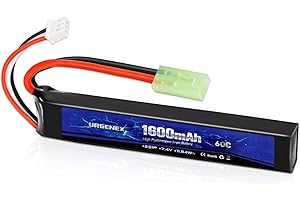URGENEX Airsoft Battery 7.4V 1600mAh 60C High Discharge Rate Lipo Battery Pack with Mini Tamiya Plug Rechargeable 2S Lipos Fit for Airsoft Model Guns