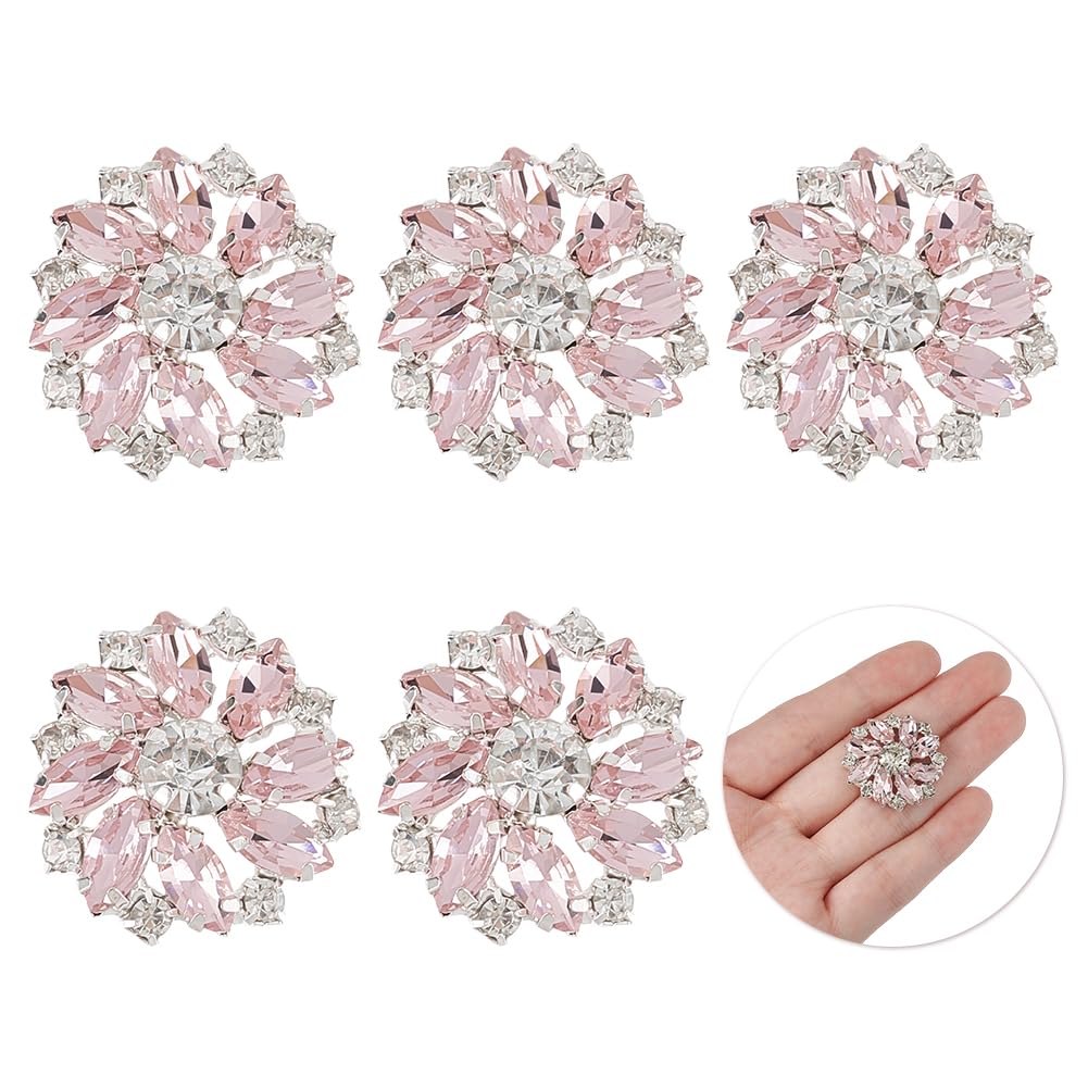 FINGERINSPIRE 6 x Shiny Flower Rhinestone Buttons 26 mm with Brass Stem – Pink Crystal Embellishments with 1 Hole – Jewellery Decorations for Clothing DIY
