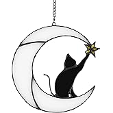 Zedesey Stained Glass Cat on Moon Pick Star Window Hanging Suncatchers Memorial Gift Decor for Women (Black Cat on White Moon)