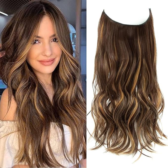 Invisible Wire Brown Hair Extensions with Caramel Blonde Highlights - 20 Inch Wavy Pieces - Friendly Synthetic Hair Undetectable Natural Look, Secure & Comfortable Fit, Party and Wedding — image 1