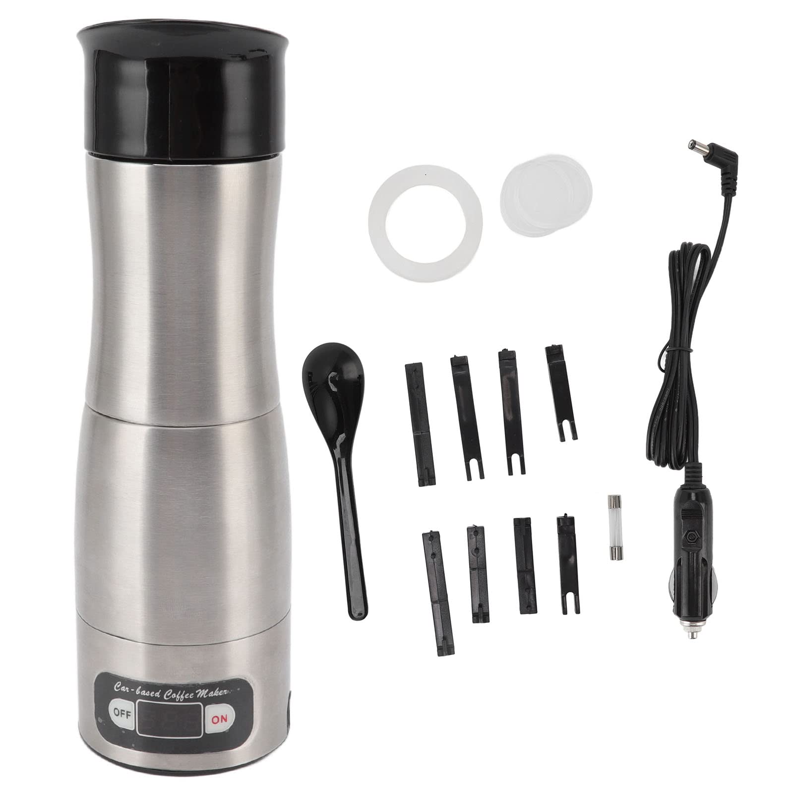 Luqeeg Cafetera portátil, máquina de café espresso eléctrica, mini cafetera eléctrica para coche, cafetera espresso eléctrica para cápsulas con encendedor de cigarrillos de 12 V 24 V, taza de viaje de acero inoxidable