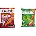 Quest Nutrition Cheese Crackers, Spicy Cheddar Blast, 10g of Protein, Low Carb, Made with Real Cheese, 12 Count (1.06 oz bags) & Tortilla Style Protein Chips, Chili Lime, Baked, 1.1 Oz, Pack of 12