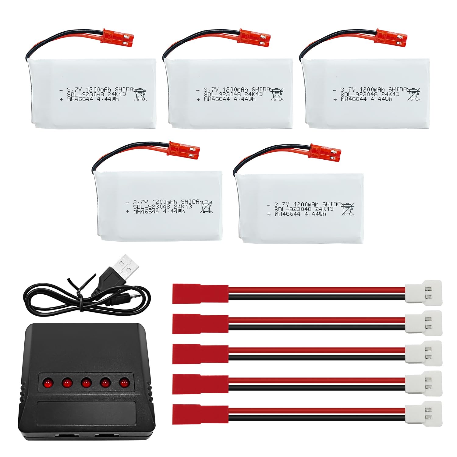ZYGY 5PCS 3.7V 1200mAh 30C Lipo RC Drone Battery with 5-in-1 Charger JST Plug for MJX T04 T05 T25 V2400HD V2450FPV V2450GPS X900 X9TW RC Quadcopter