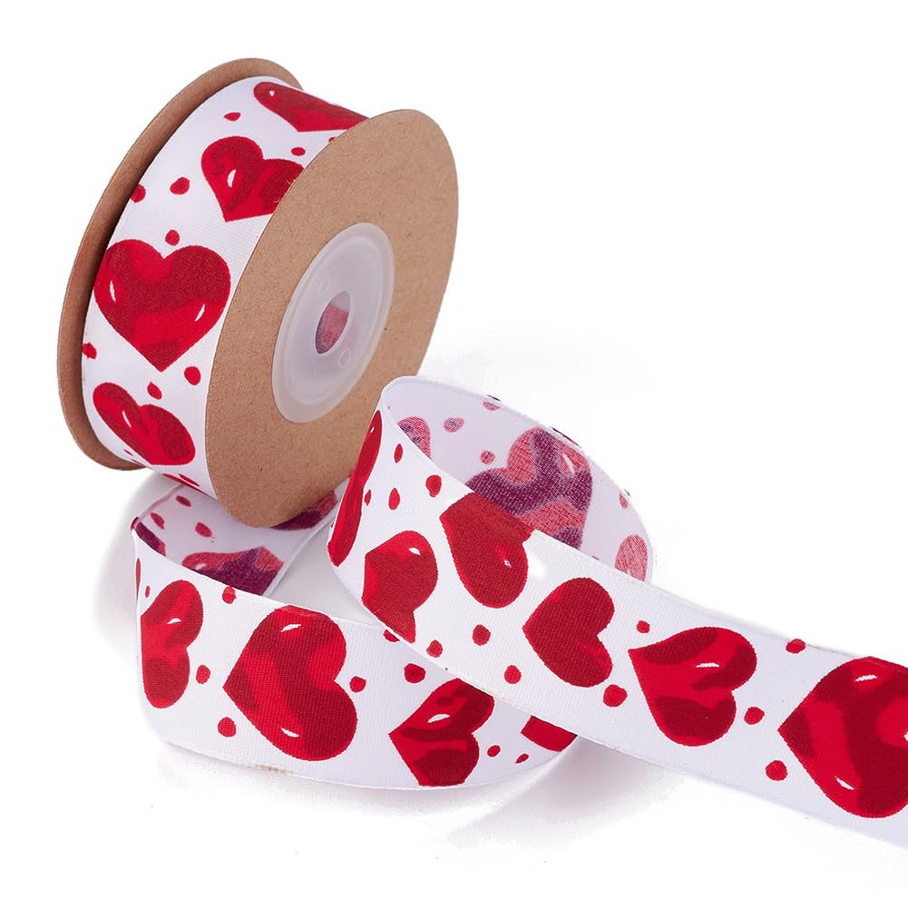 CABODYALS About 9.14M 1 Inch Red White Heart Ribbon Print Pattern Ribbon Single Face Polyester Satin Ribbons Bundle Rolls with Spool for Valentines Day Craft Wreath Decoration Wedding Gift Wrapping