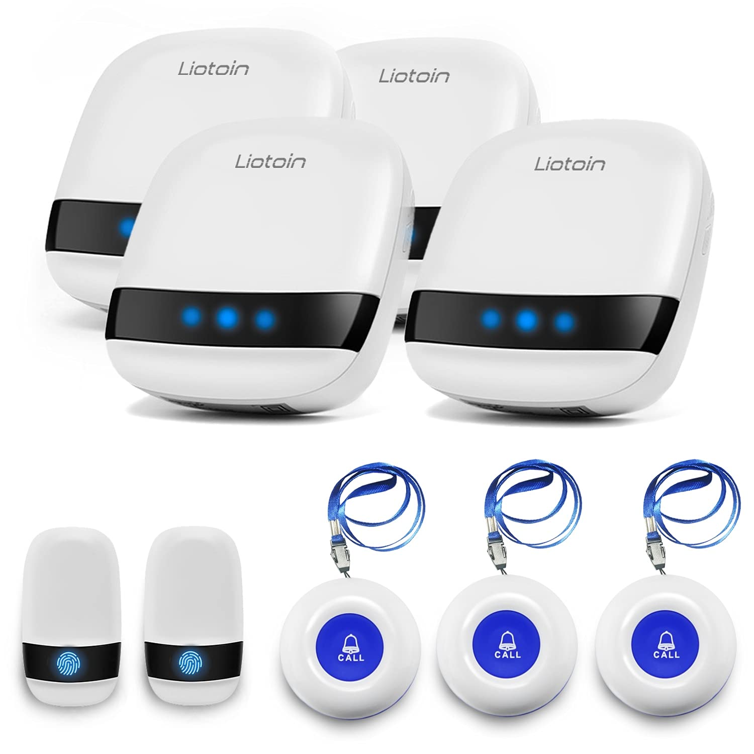 LIOTOIN Wireless Caregiver Pager Elderly Alarm Call Button Personal Alarms Call Bell Panic Alarm Systems For Elderly/Patient/Disabled/Nurse 5 Transmitter 4 Plug-in Receiver (600+ft Operating Range)