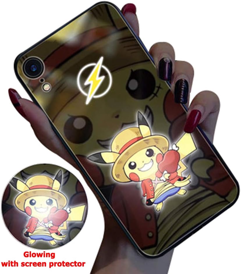 Twnhmj Glowing Iphone 11 Pro MAX Case, Iphone 11 Pro Case,Pikachu Luminous Logo LED Light Up Logo Case Illuminate Cover Tempered Glass Back Cover for Phone Iphone 11,Luffy,iPhoneXR