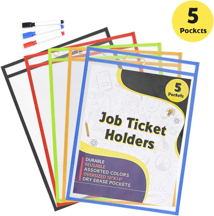 Godery Classroom Supplies Reusable Dry Erase Pocket Charts Sleeves, 9 x 12 Inches, Assorted Colors (Pack of 5)