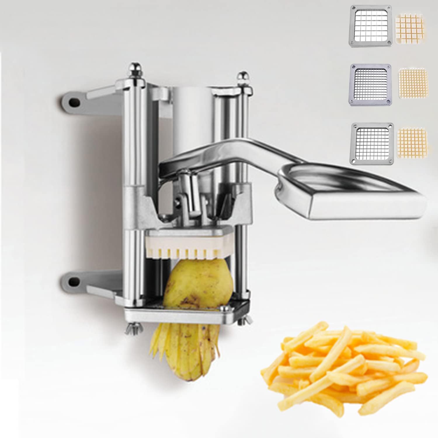 Photo 1 of tonchean French Fry Cutter Wall Mount, Commercial Vegetable and Potato Slicer with 1/2in, 1/4in and 3/8in Blades, Stainless Steel Food Cutter for Potatoes Carrots Cucumbers