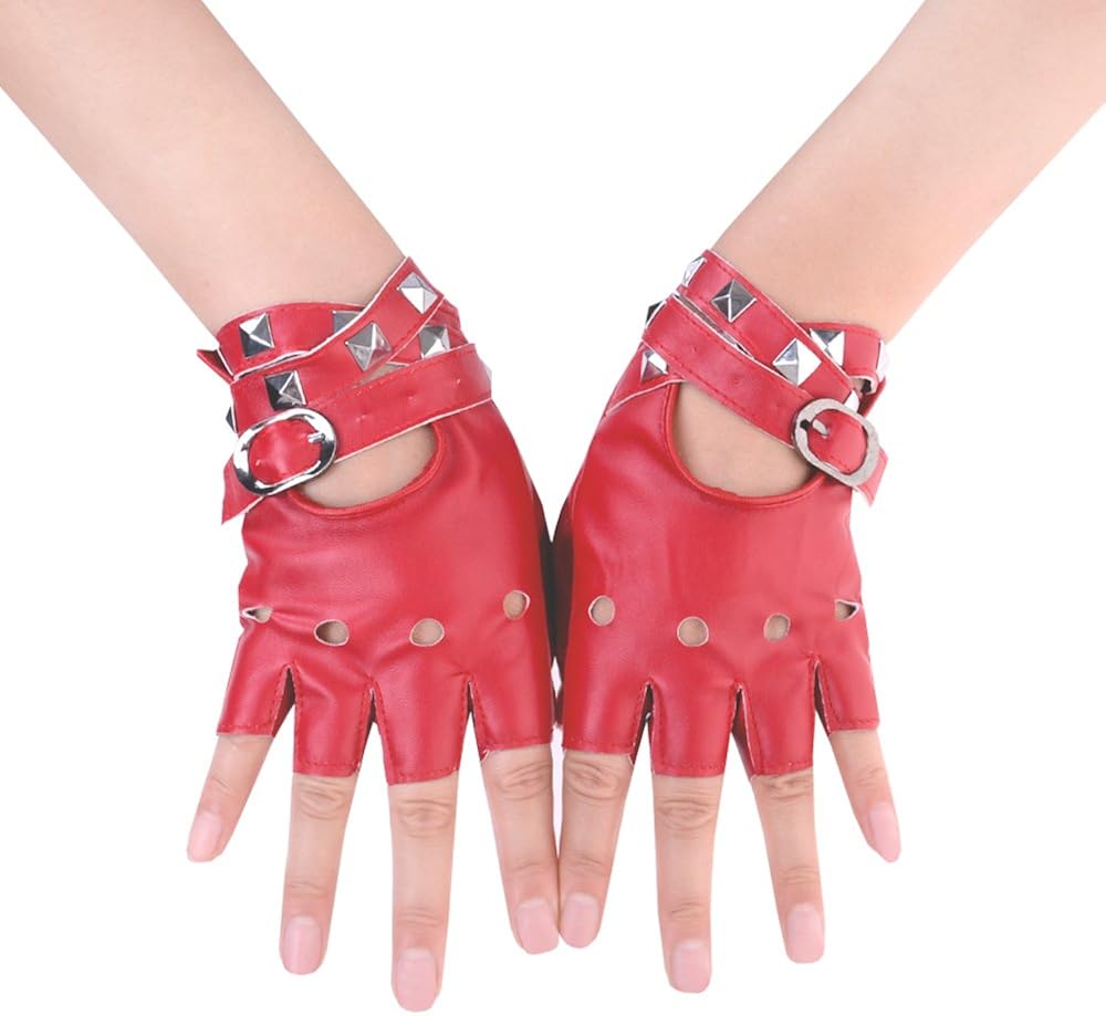 halber Finger JISEN Damen Handschuhe aus PU-Leder mit Nieten mit G/&uuml;rtel