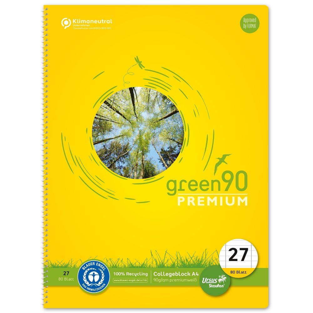 Staufen Green College Notepad DIN A4, Line Style 27 (Lined with Margin Lines), 80 Sheets, 4 Punched Holes, Premium White 90 g/m² Recycled Paper, Pack of 1