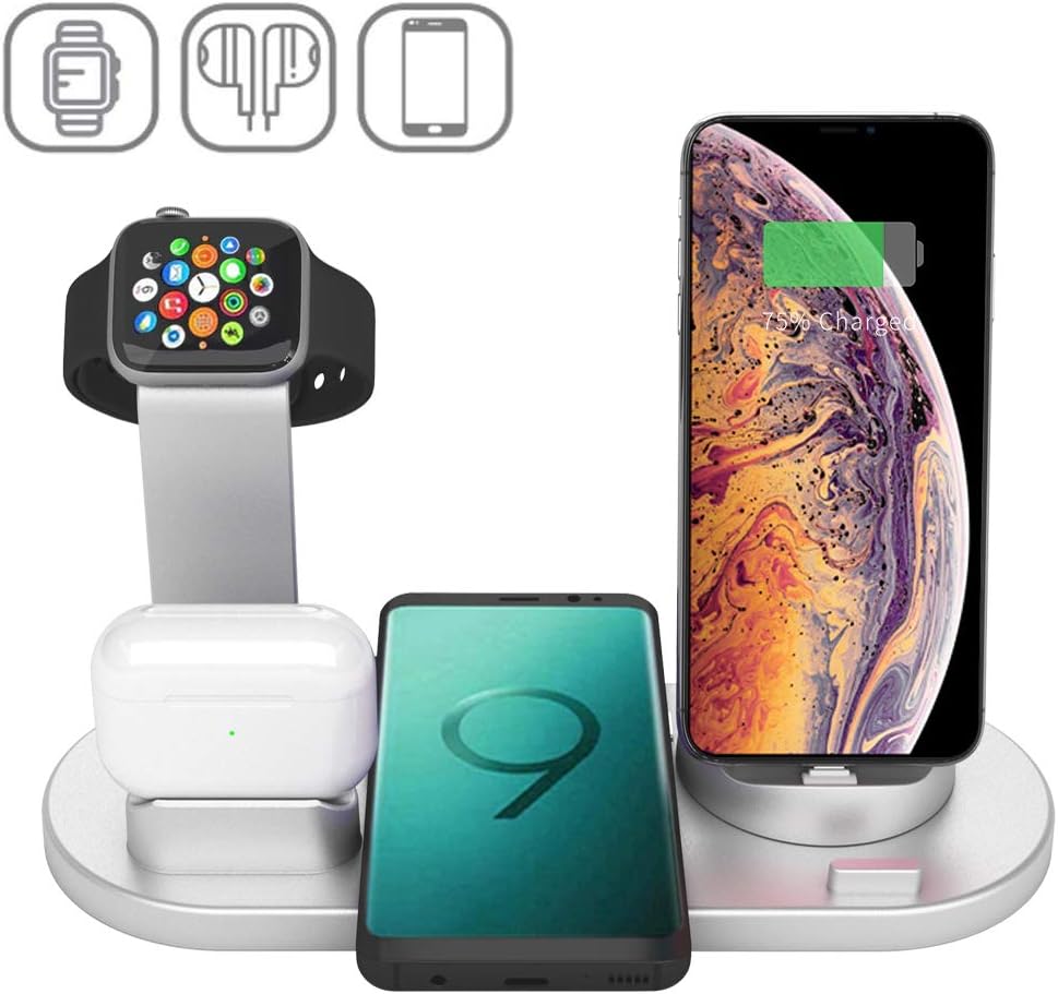 Wireless Charger Station with USB/3-Connectors for Apple Watch,Airpods,iPhone,4 in 1 Charging Stand Dock for iPhone 11 11 Pro X XR XS 8+,Samsung Galaxy S9 S8,iWatch Series 5/4/3/2/1