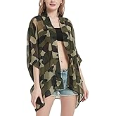 Women's Kimono Cardigans Camouflage Sheer Chiffon Blouse Boho Wrap Casual Coverup Loose Tops