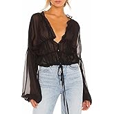 NIFTRIRY Crop Top Sheer See Through Tops for Women Long Puff Sleeve Chiffon Blouses for Women