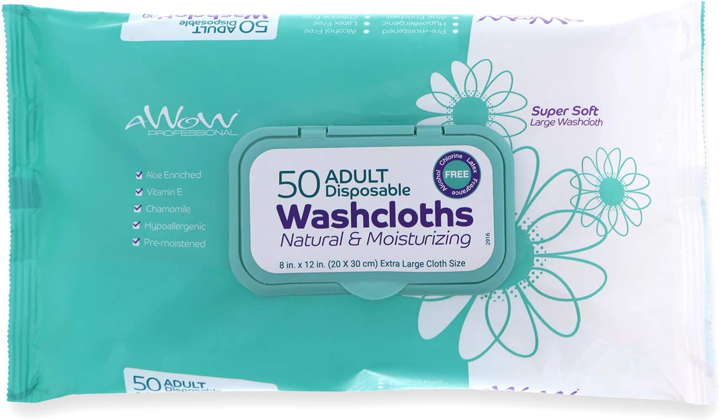 AWOW Professional Natural Adult Disposable Cleansing Washcloths, 50 Large Incontinence Wipes (1 Pack)