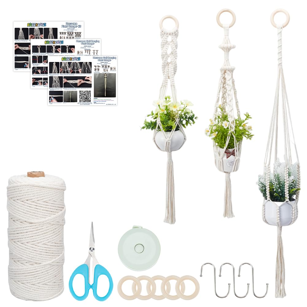 FREEBLOSS 3 Sets Macrame Plant Hanger Kit Hanging Planters Baskets Macrame Plant Holder Macrame Beginners Kit with Instruction for Adults Hanging Pots for Plants Indoor