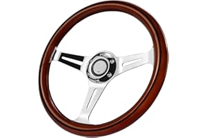 MOTAFAR Universal Racing/Golf Cart Steering Wheel, 13.8" 6 Bolts Wood Grain Nostalgia Style with Horn Button, Fit for Golf Cart Club Car EZGO RXV & TXT, Yamaha, Precedent Tempo, DS(Mirrored-silver)