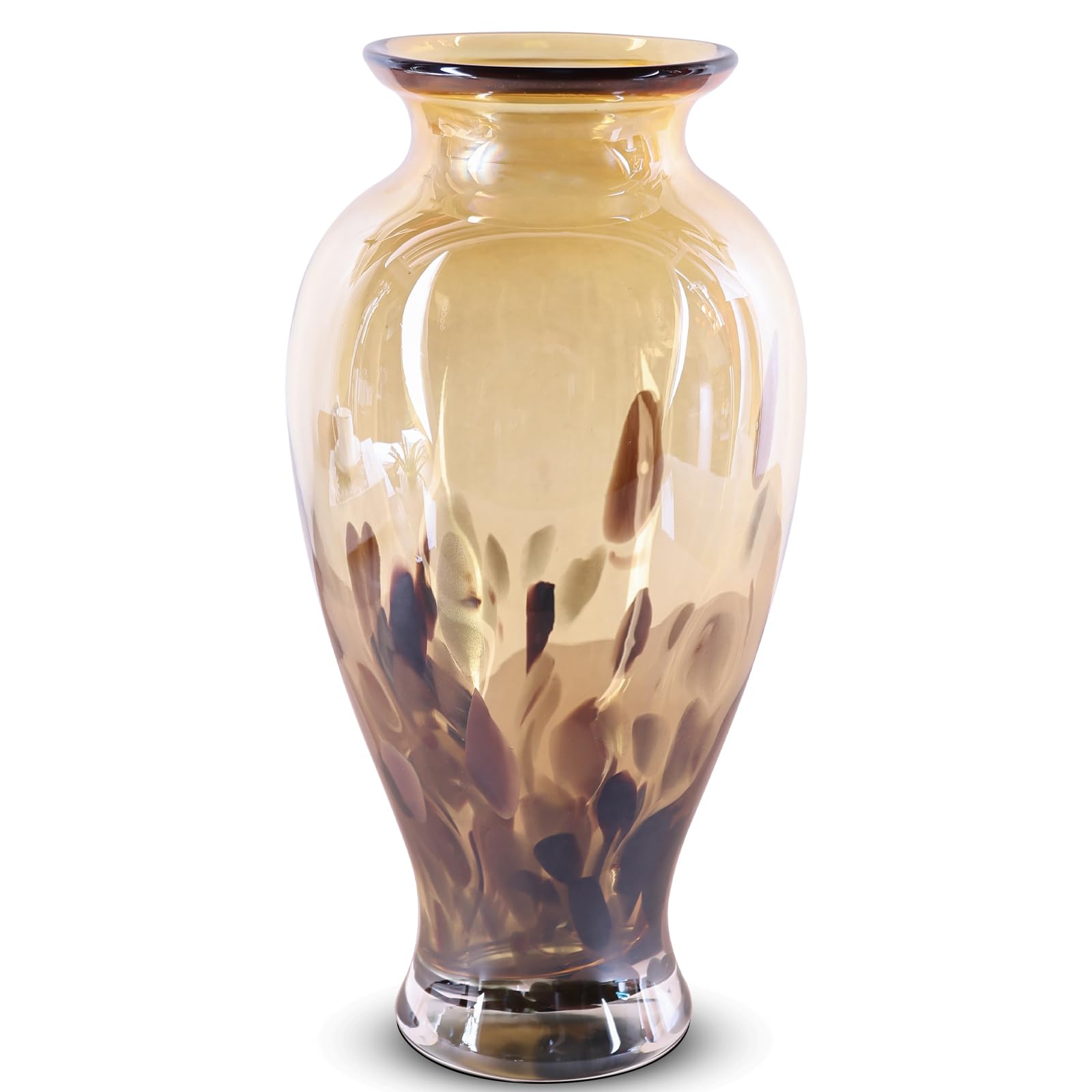 Photo 1 of Hand Blown Glass Vase 11.8" Tall Beautiful Amber Gold Sea Wide Mouth Bud Vase for Table Centerpiece, Painted Colorful Murano Glass Flower Vases for - Home Entrance Wedding Center
